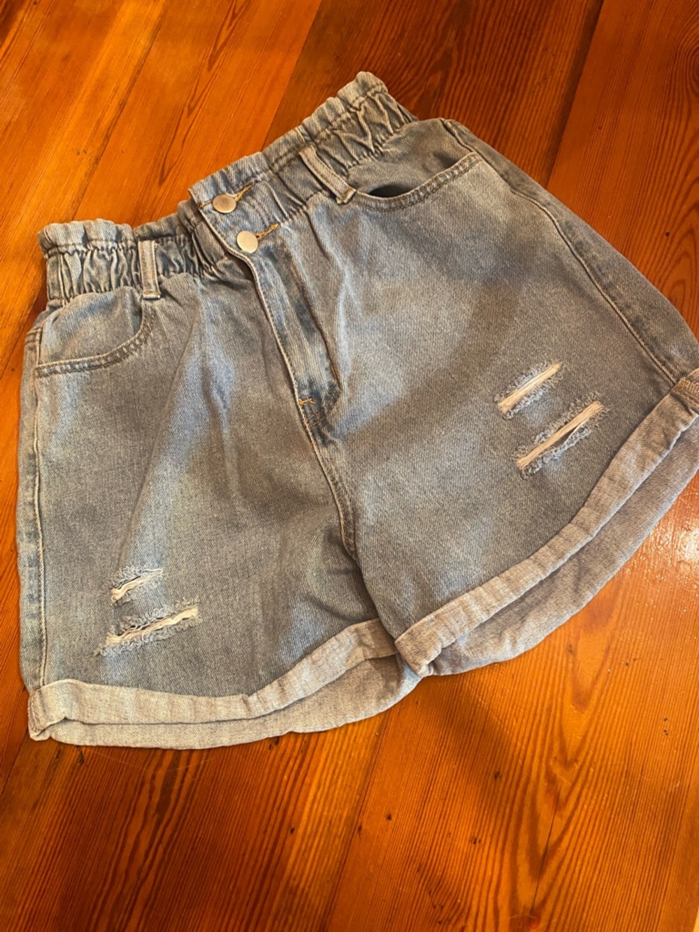 High-Rise Light Blue Denim Paperbag Shorts with Rolled Hem